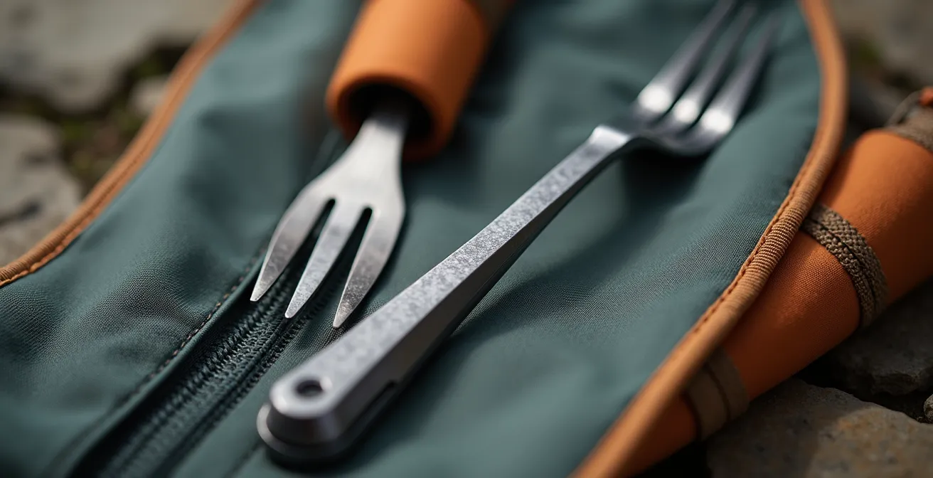 Minimalist ultralight backpacking gear arranged on natural stone surface