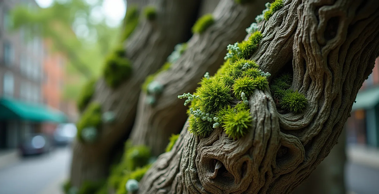 Close-up of ancient tree with fractal branches in an urban park setting, showing intricate patterns.