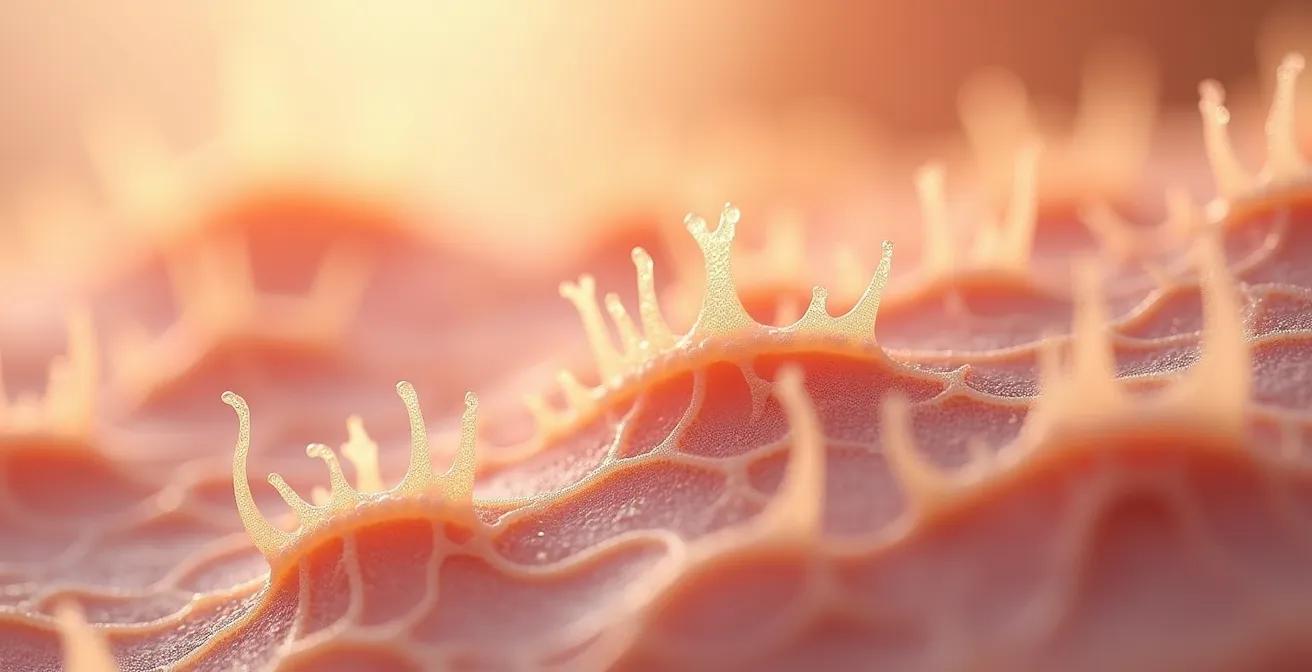 Microscopic visualization of raised dead skin cells creating velcro-like texture