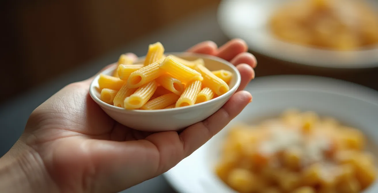 Hands demonstrating proper pasta portion measurement techniques using visual calibration method