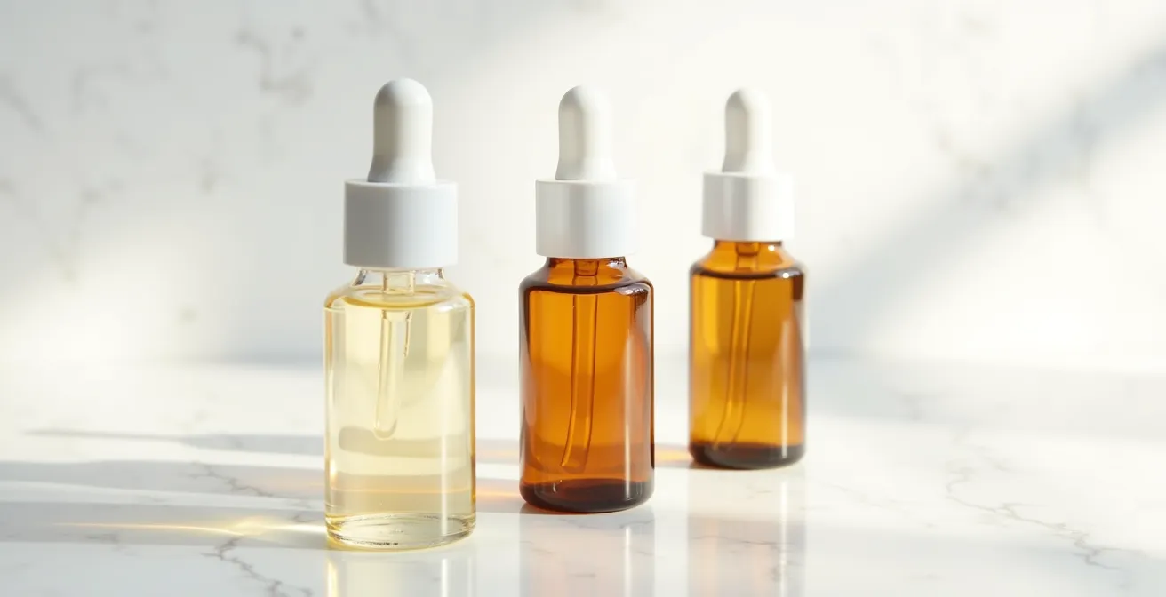 Three amber glass bottles showing vitamin C serum color progression from clear to orange