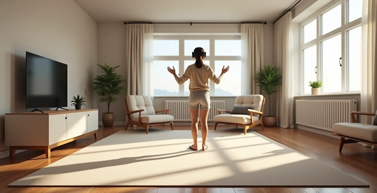 Wide shot of minimalist VR setup space with strategic lighting and open area