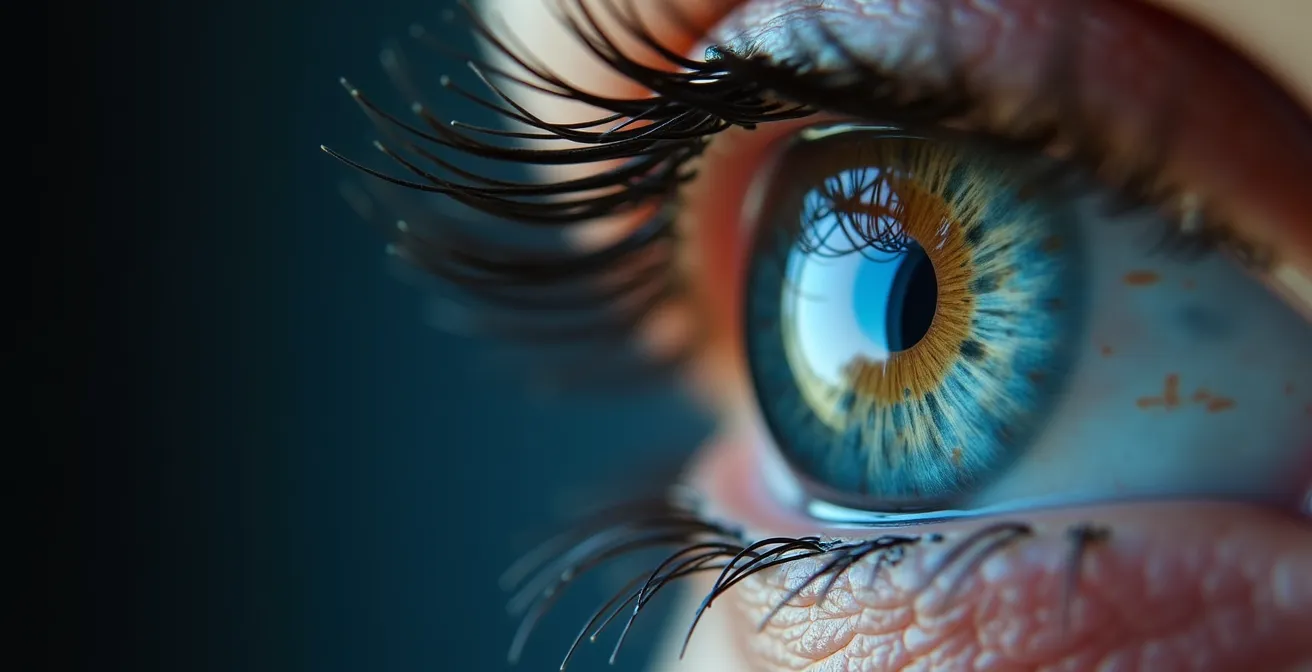 Close-up macro shot of human eye showing fatigue signs with soft lighting