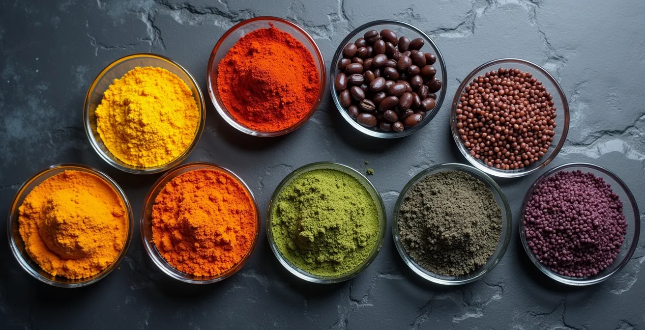 Overhead view of colorful dried spices, legumes and grains arranged in a rainbow pattern