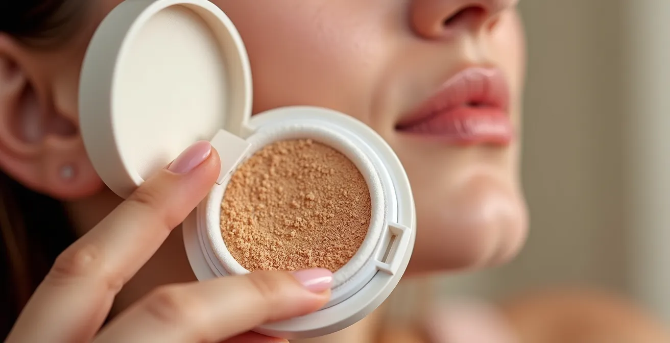 Woman using an SPF cushion compact to reapply sunscreen over her makeup.
