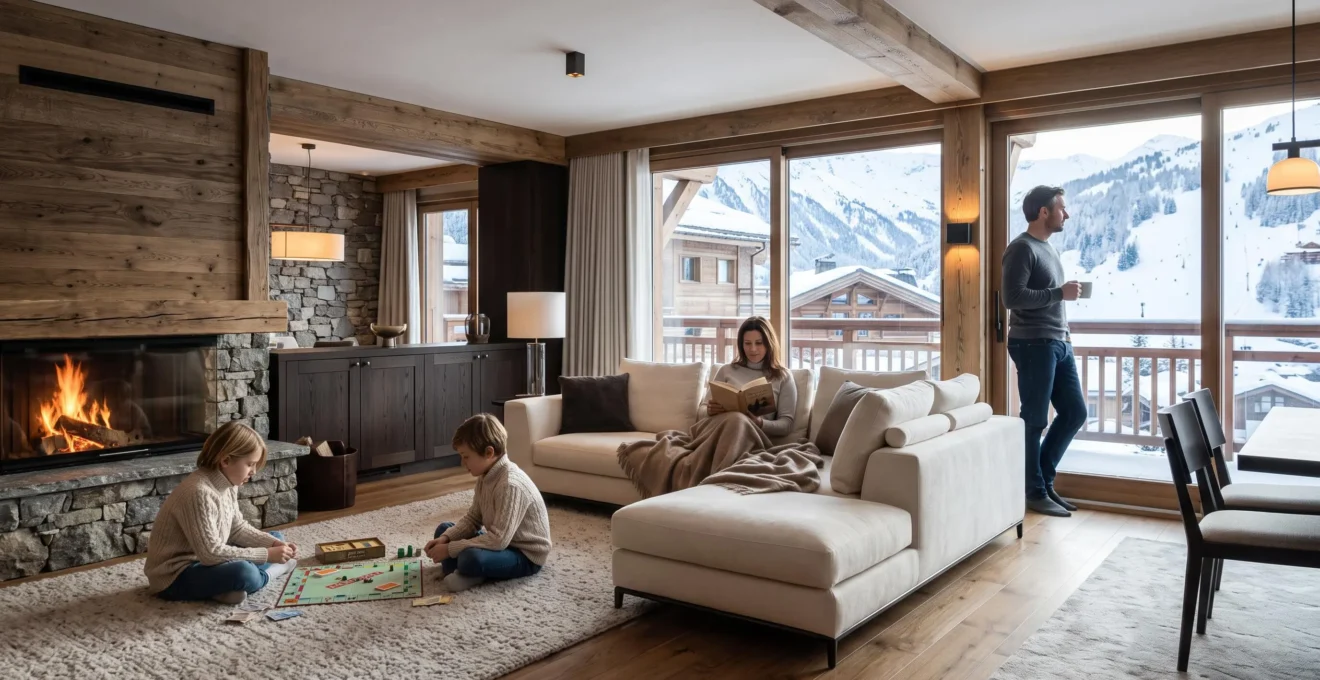 Spacious living area of a luxury alpine penthouse in Courchevel with family naturally relaxing after skiing, floor-to-ceiling windows showing snowy mountain slopes