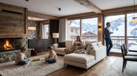 Spacious living area of a luxury alpine penthouse in Courchevel with family naturally relaxing after skiing, floor-to-ceiling windows showing snowy mountain slopes