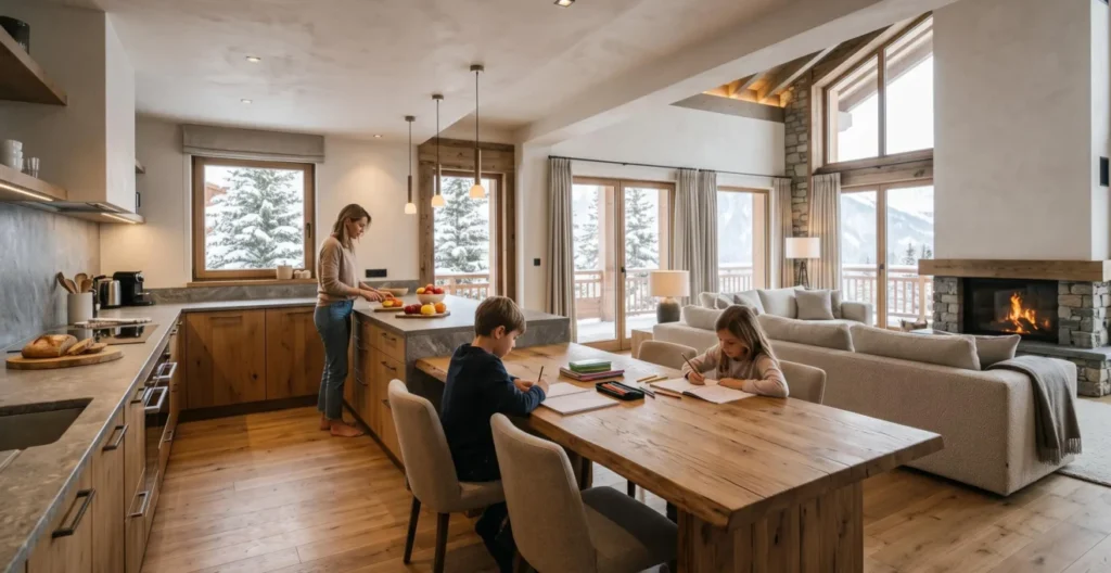 Open-plan living, dining and kitchen area of a four-bedroom luxury penthouse in Courchevel showing family using the space naturally Open-plan living, dining and kitchen area of a four-bedroom luxury penthouse in Courchevel showing family using the space naturally