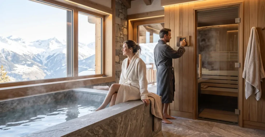 Private wellness area with stone jacuzzi and sauna inside luxury Courchevel penthouse, couple in robes using the facilities with mountain views Private wellness area with stone jacuzzi and sauna inside luxury Courchevel penthouse, couple in robes using the facilities with mountain views