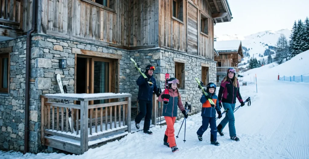 Family with ski equipment walking from private terrace of luxury alpine residence directly onto adjacent groomed ski run in Courchevel 1850 Family with ski equipment walking from private terrace of luxury alpine residence directly onto adjacent groomed ski run in Courchevel 1850